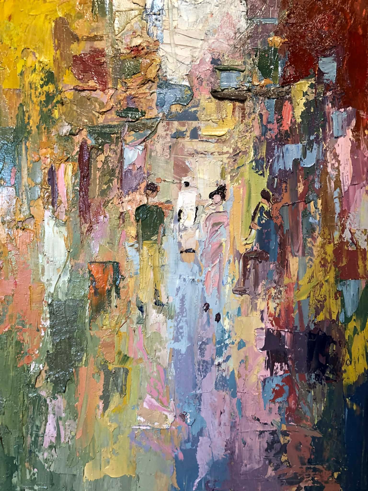 « Foreign Attraction » – Peinture à l'huile abstraite, 31" x 24" pouces, par Ahmed Dafrawy