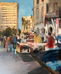 "Ses mouvements Downtown" Peinture abstraite 47" x 39" pouces par Ahmed Dafrawy