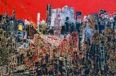 "City Commotion I" Mixed Media Painting 39" x 59" inch by Ahmed Farid 