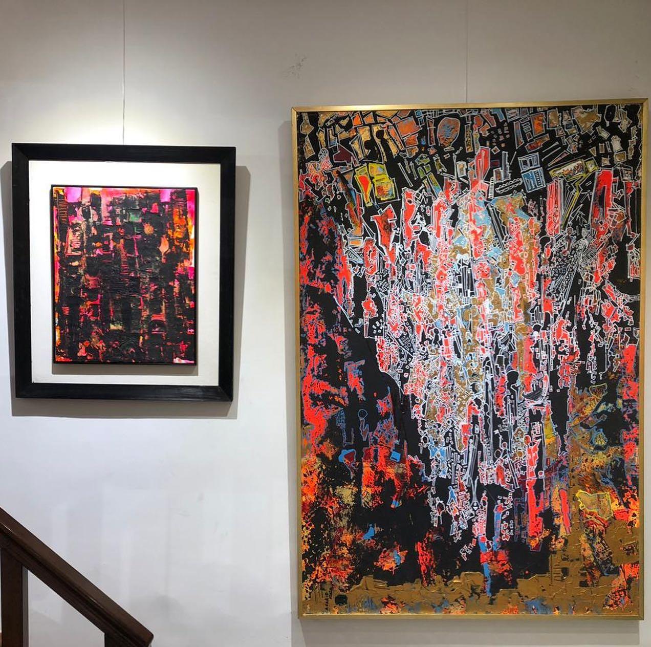 Abstraktes Gemälde „Volcano“ aus Mischtechnik 59' x 39' in von Ahmed Farid  im Angebot 1