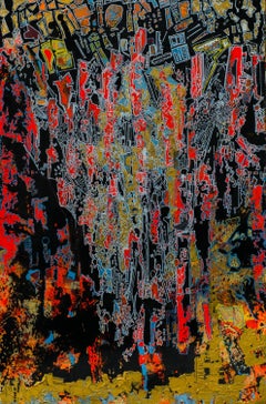 Peinture abstraite technique mixte Volcano de 59' x 39' pouces par Ahmed Farid 