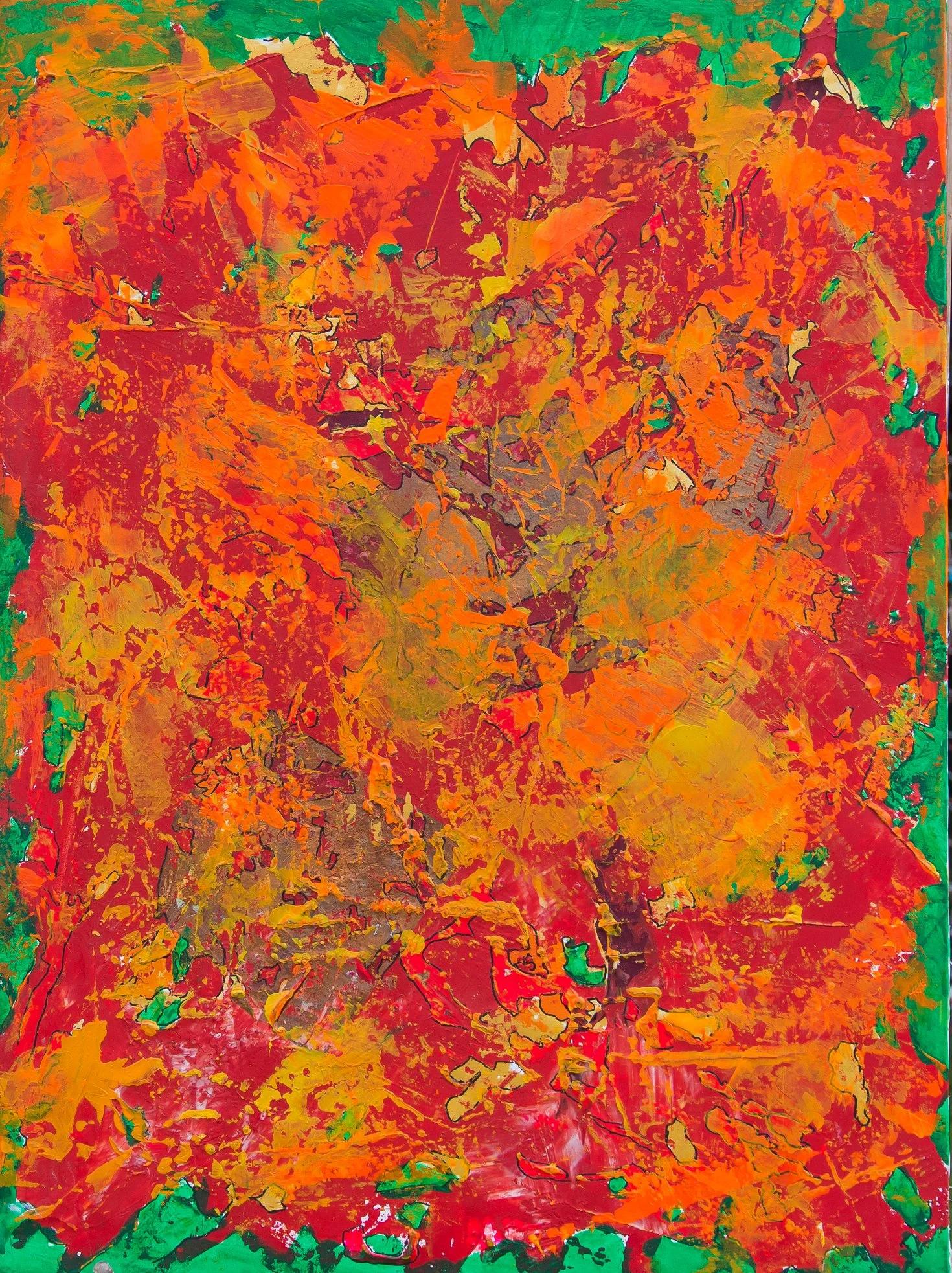 Abstraktes Gemälde „Forest Fire I“ 31" x 24" Zoll von Ahmed Farid 