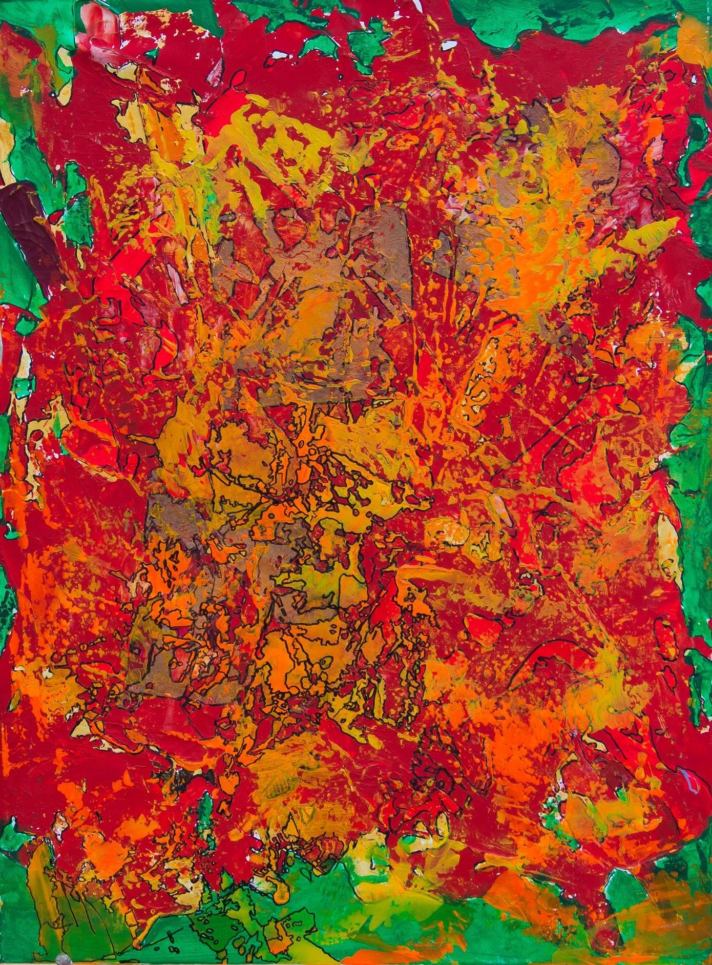 Abstraktes Gemälde „Forest Fire II“ 31" x 24" Zoll von Ahmed Farid 