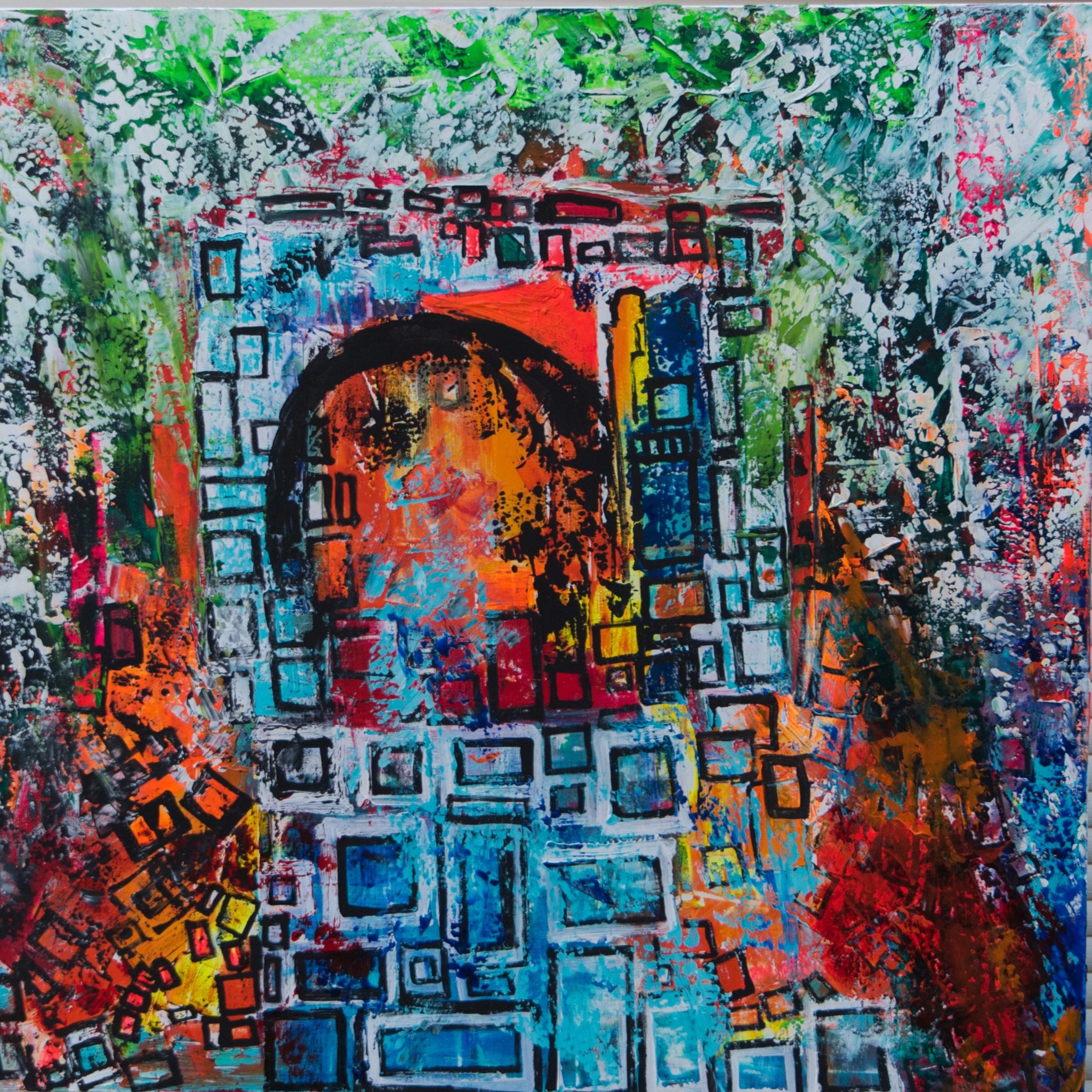 Abstraktes Gemälde „Iridescent“ aus Mischtechnik 47" x 47" Zoll von Ahmed Farid
