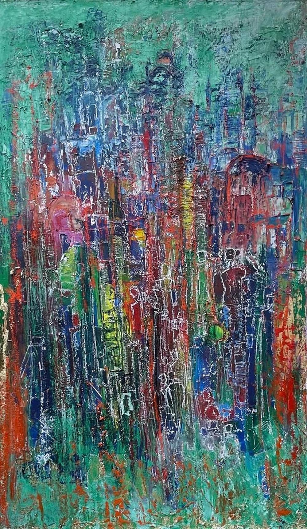 "Neptun" Abstraktes Gemälde 79" x 47" Zoll von Ahmed Farid 

Farid wurde 1950 in Kairo, Ägypten, geboren, wo er heute lebt und arbeitet. Er ist ein autodidaktischer ägyptischer Maler, der eine private Ausbildung in den Ateliers etablierter Künstler