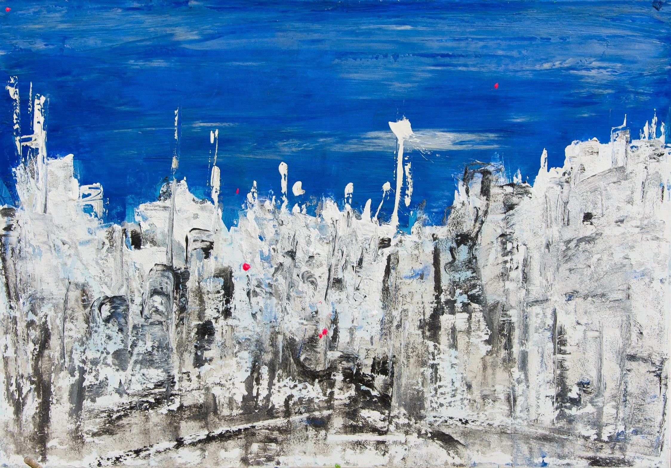 "Schimmernde Skyline II" Abstraktes Gemälde 27,5" x 39" Zoll von Ahmed Farid