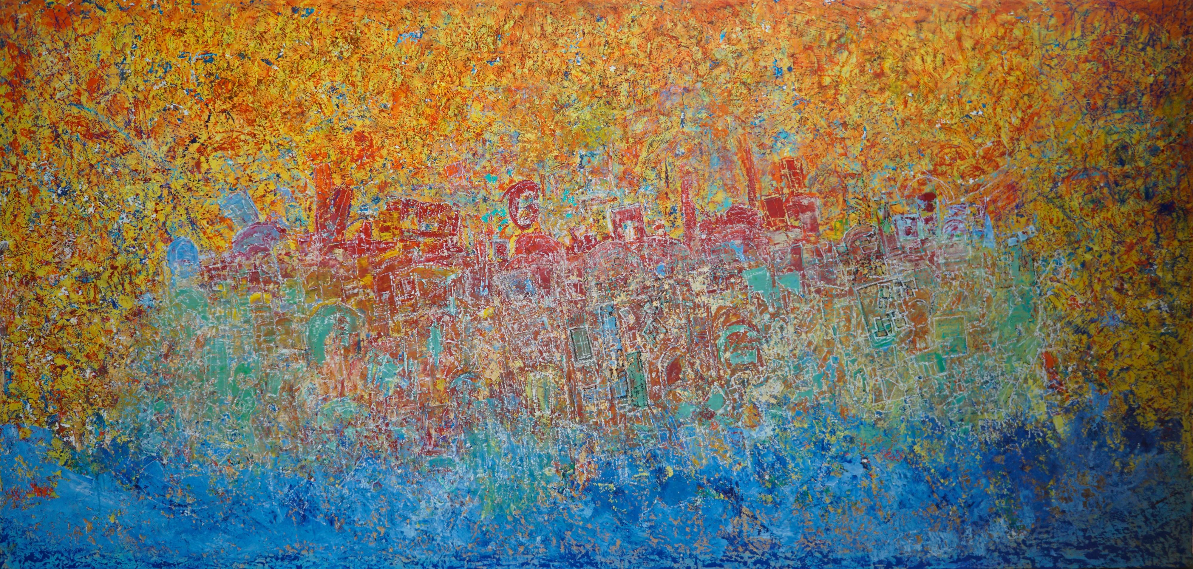 „Shining City on a Hill“ Abstraktes Gemälde 67" x 138" Zoll von Ahmed Farid

Mischtechnik auf Leinwand

Farid wurde 1950 in Kairo, Ägypten, geboren, wo er heute lebt und arbeitet. Er ist ein autodidaktischer ägyptischer Maler, der eine private