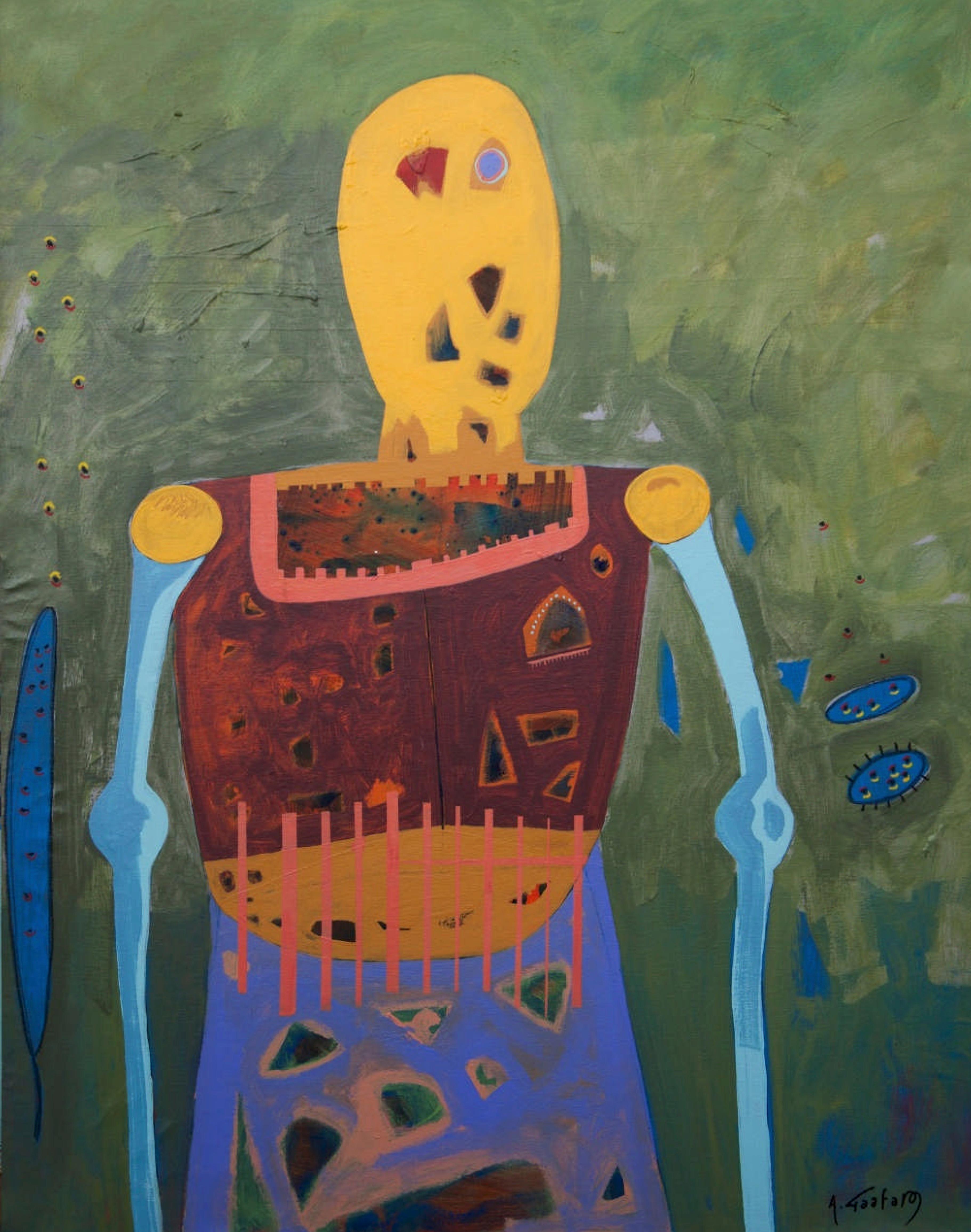 "Bionic Figure I" Acrylic & Oil pastel Painting 47" x 37" inch by Ahmed Gaafary

Born In Cairo 1987 Where He Currently Lives And Works. He Received His Bachelor’s Degree In Information Systems In 2008 From The Higher Institute Of Advanced Studies