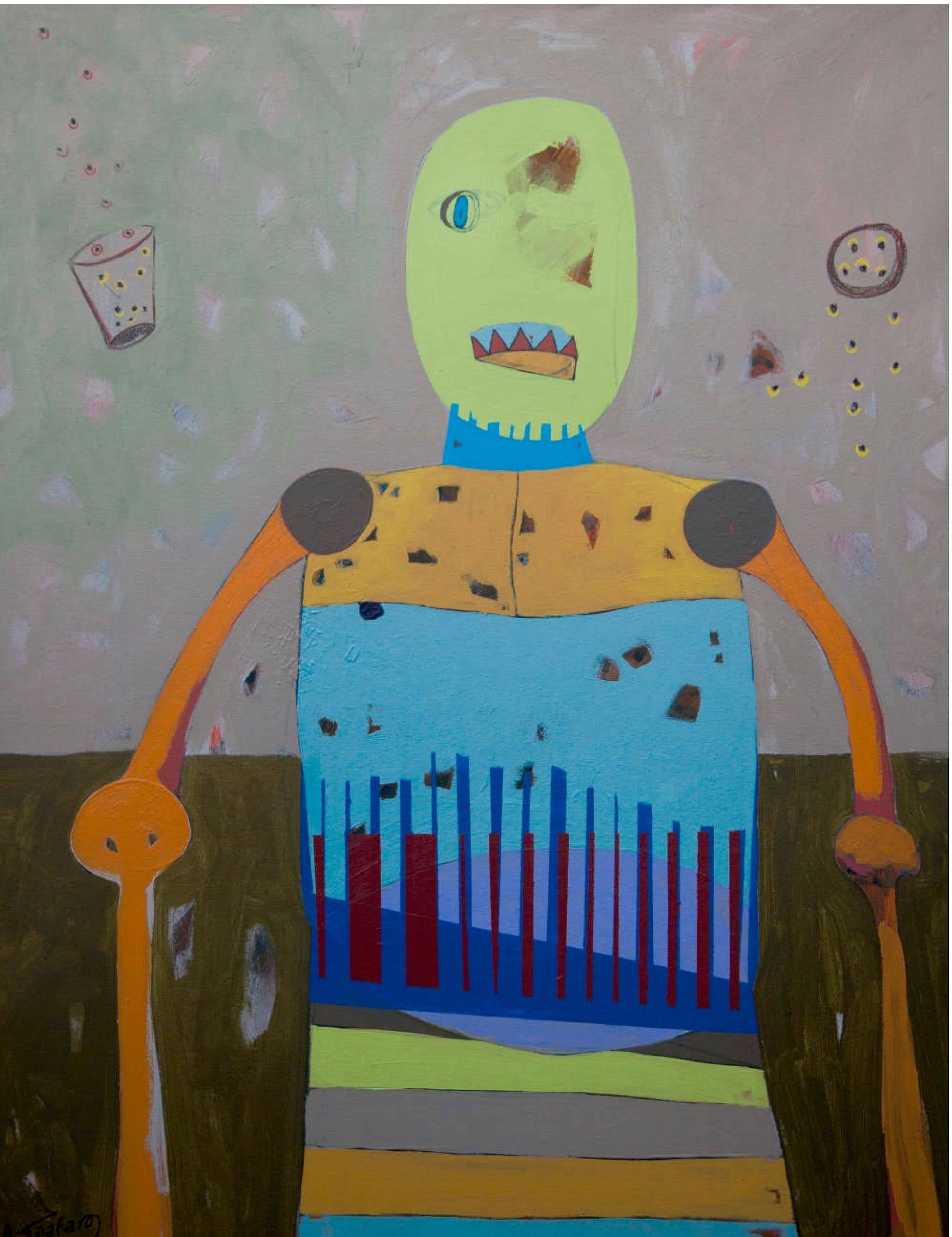"Bionic Figure II" Acrylic & Oil pastel Painting 47" x 37" inch by Ahmed Gaafary

Born In Cairo 1987 Where He Currently Lives And Works. He Received His Bachelor’s Degree In Information Systems In 2008 From The Higher Institute Of Advanced Studies