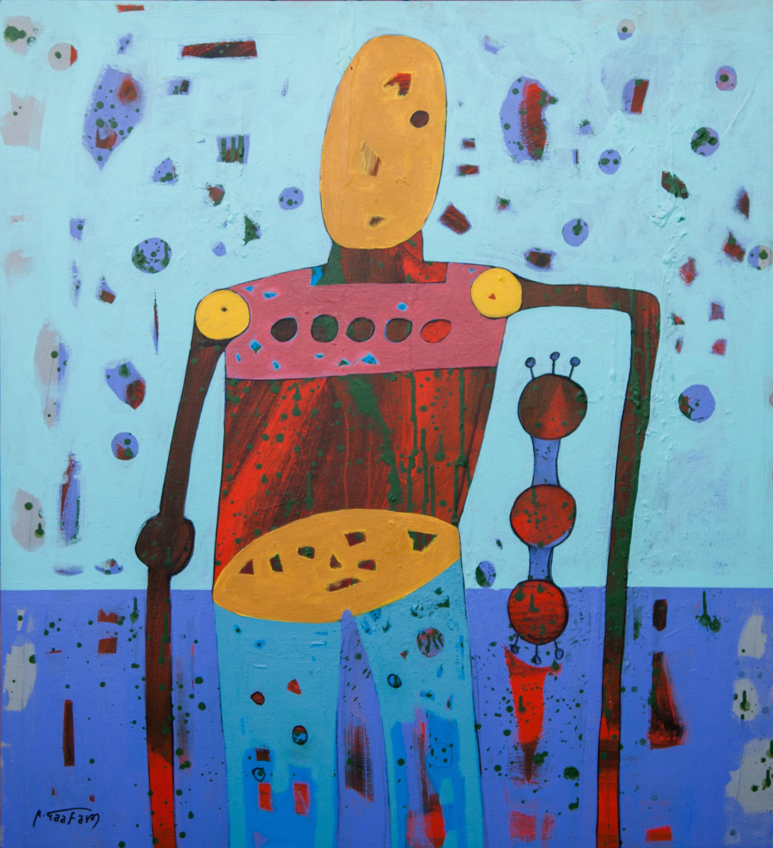 "Bionic Figure III" Acrylic & Oil pastel Painting 43" x 39" in by Ahmed Gaafary

Born In Cairo 1987 Where He Currently Lives And Works. He Received His Bachelor’s Degree In Information Systems In 2008 From The Higher Institute Of Advanced Studies
