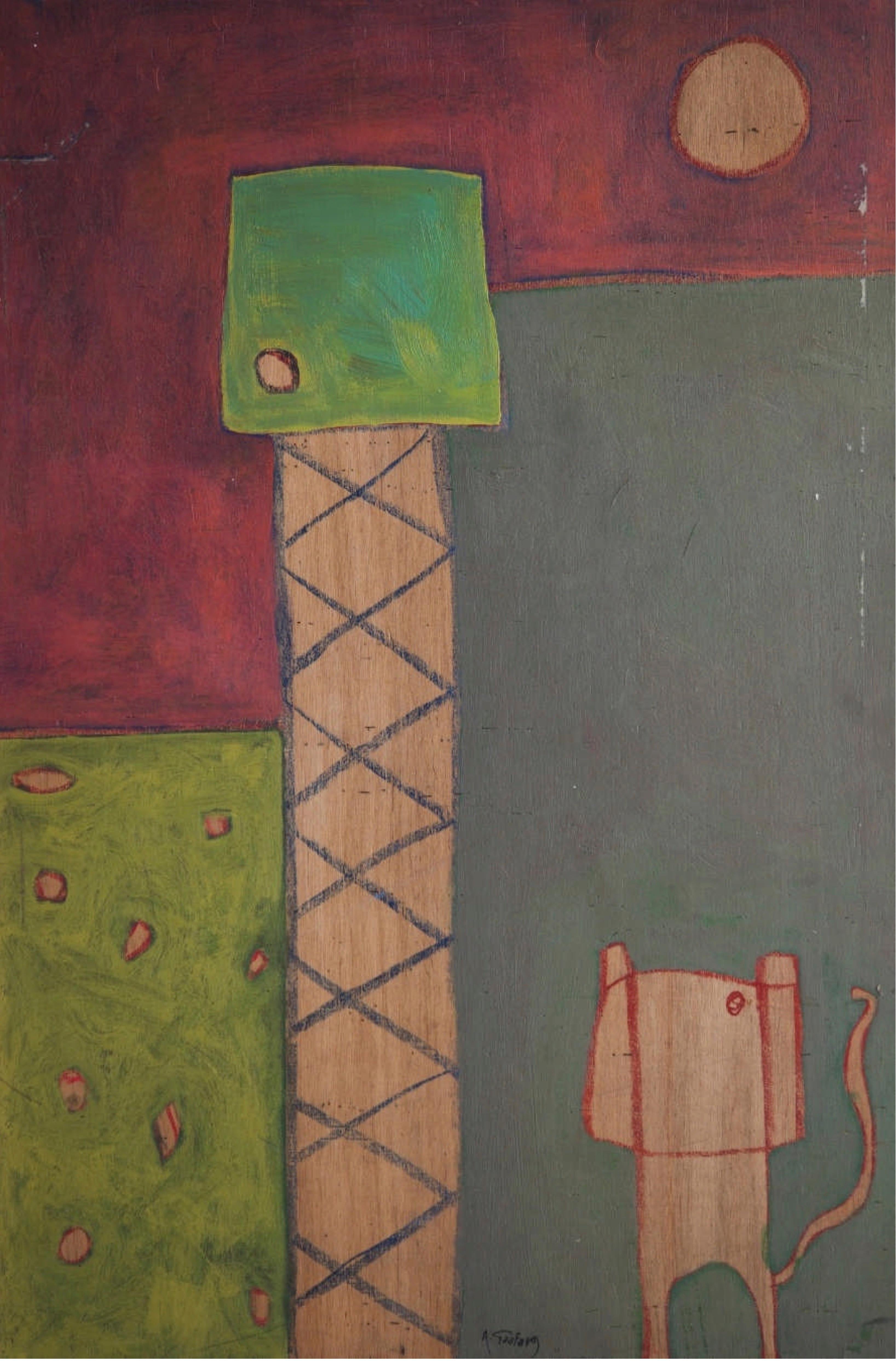 Abstraktes Gemälde „ Katze und Baum“ 35" x 24" Zoll von Ahmed Gaafary