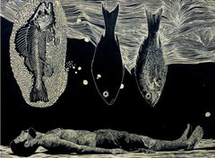 "El Pez" Grabado sobre xilografía DIPTYCH 33,5" x 24" pulgadas por Ahmed Saber
