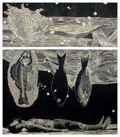 Used "The Fish" Engraving on Woodcut DIPTYCH 33.5" x 24" inch by Ahmed Saber