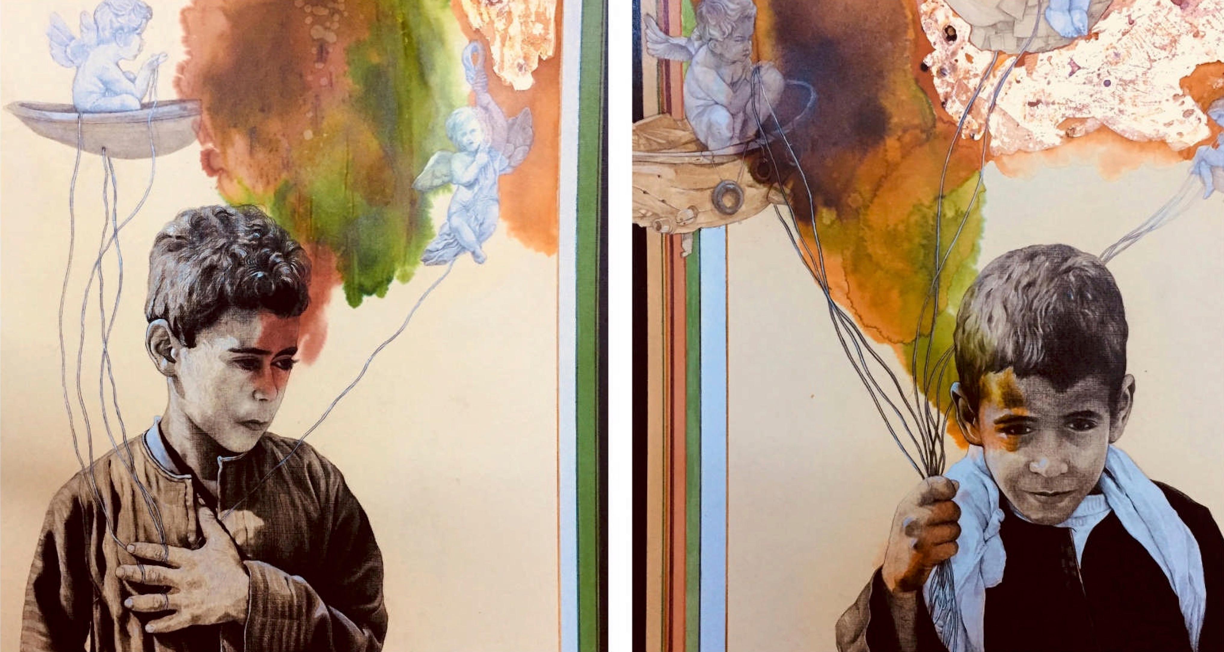 "Engel" Gemälde Diptychon Acryl und Tinte 18" x 33" Zoll von Ahmed Saber