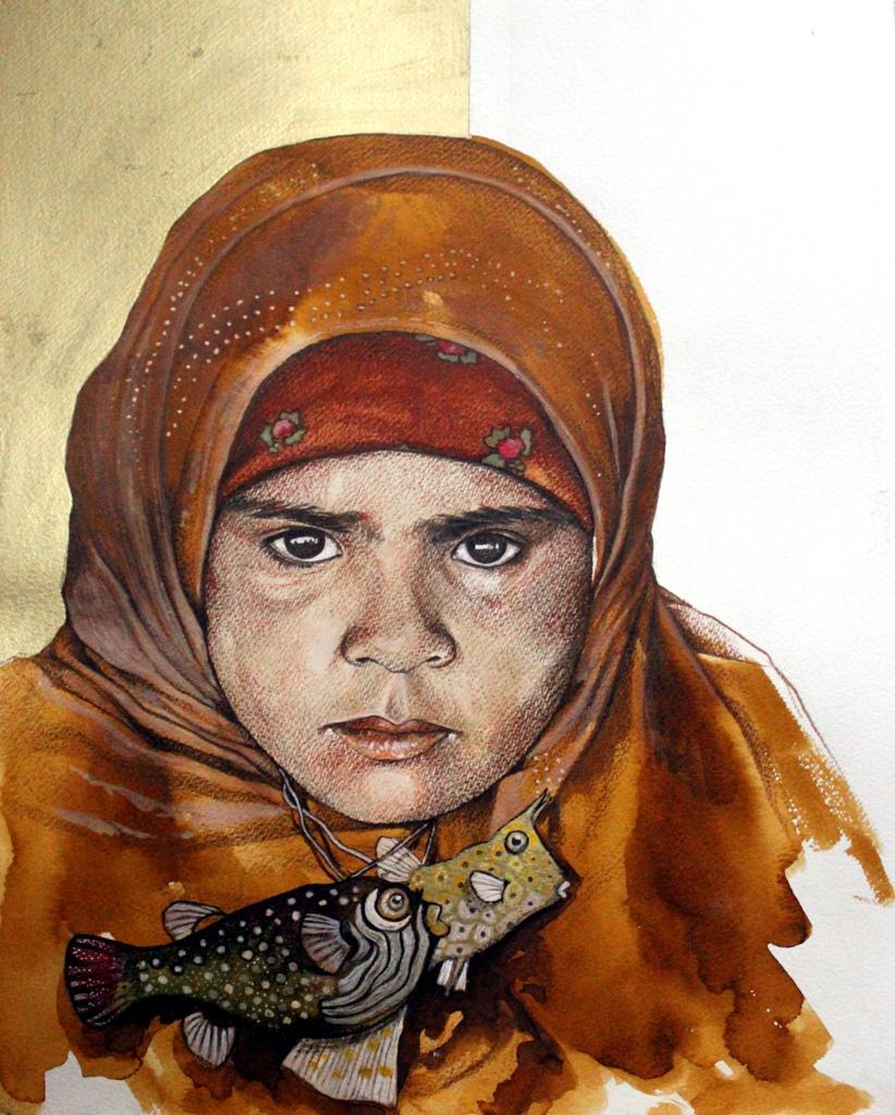 "Fille au poisson" Peinture acrylique et encres 16" x 12" pouces par Ahmed Saber