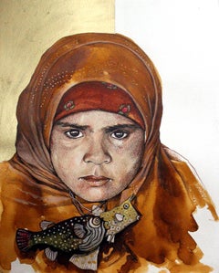 "Girl with Fish" Painting Diptych Acrylic and Inks 16" x 12" inch by Ahmed Saber