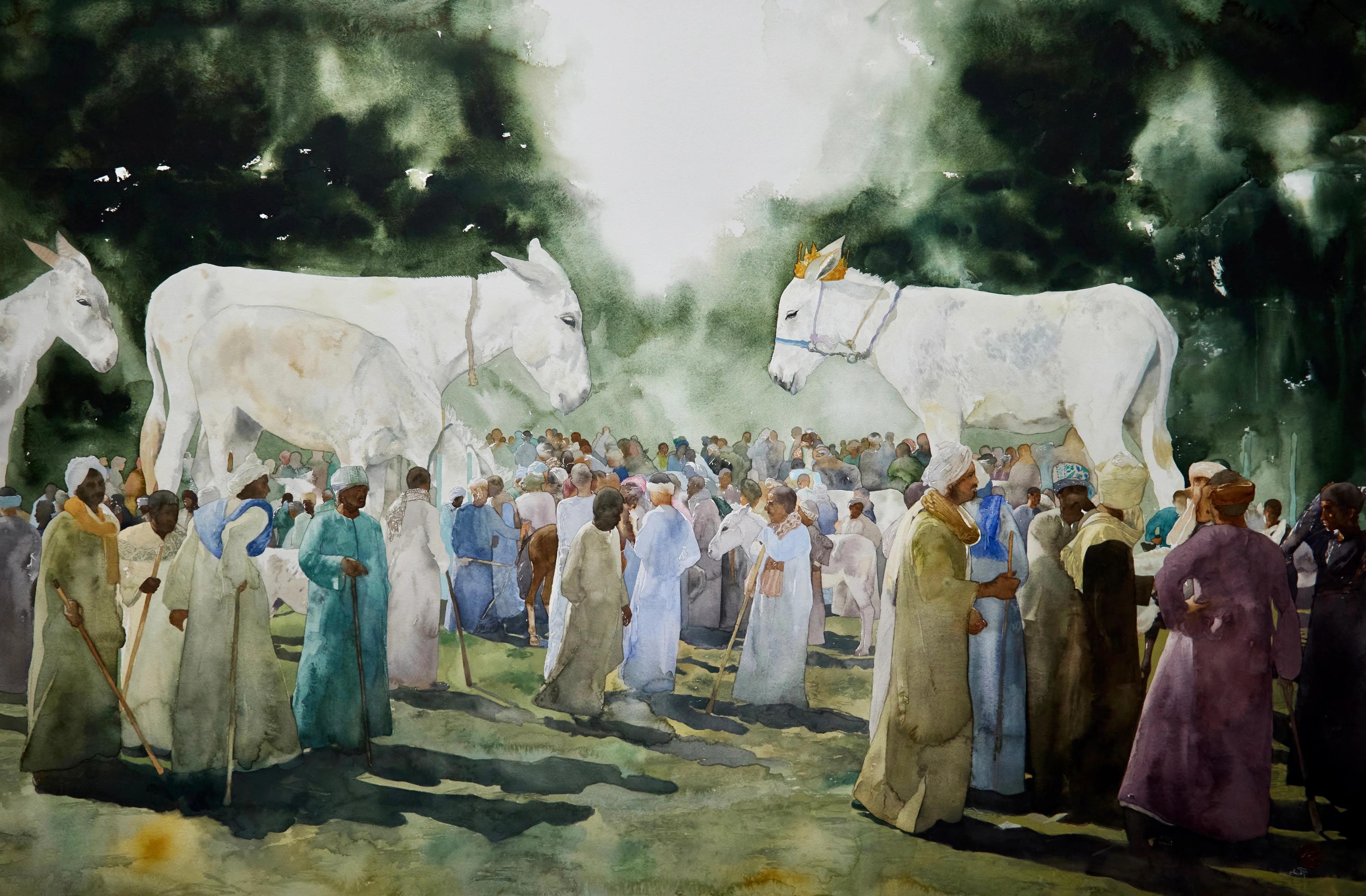 "Mules" Figurative Painting (FRAMED) 39" x 59" inch by Ahmed Saber

Medium: watercolor on paper

AHMED SABER - BIO
Ahmed Saber is an Egyptian artist based in Luxor in Upper Egypt, where he received his BFA with honors in Graphic Design &amp;