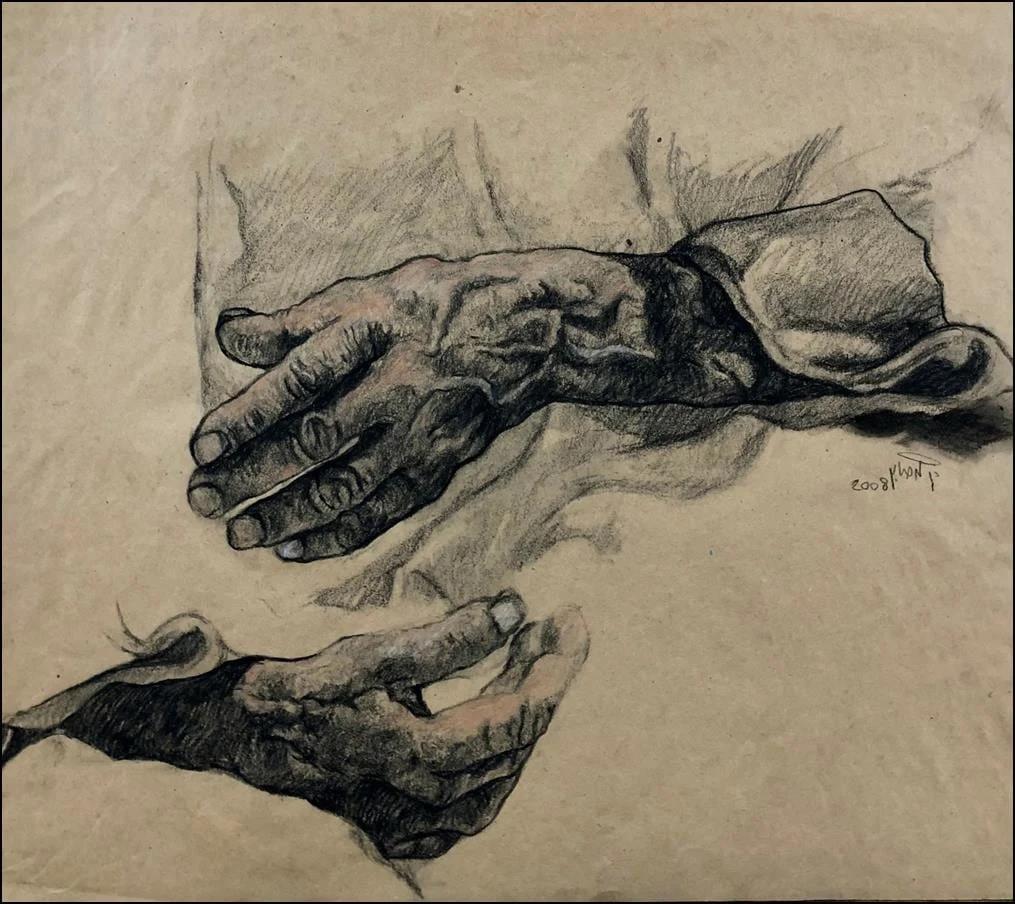 „Weathered Hands“ Holzkohle auf Papier Zeichnung 16" x 19" Zoll von Ahmed Saber