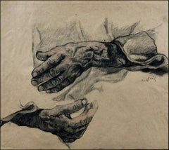 « Weathered Hands », fusain sur papier, dessin de 16" x 19" pouces par Ahmed Saber