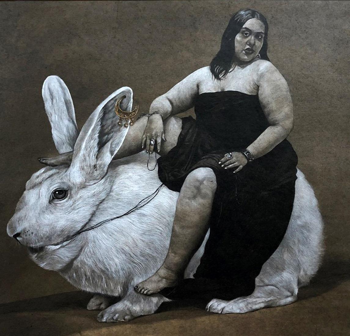 "Femme et lapin" Peinture au fusain sur papier 20" x 20" par Ahmed Saber