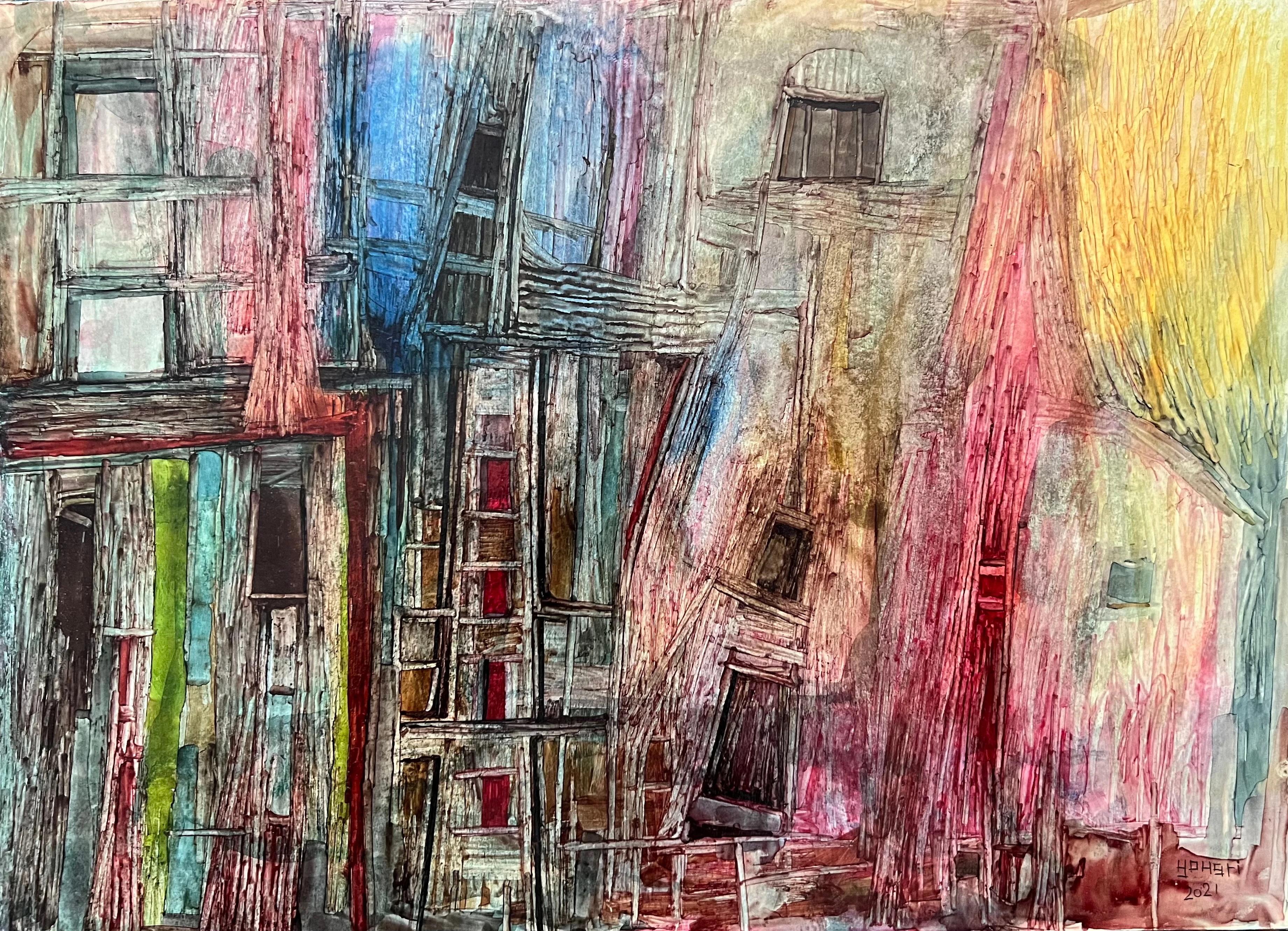 "Composizione astratta 3" Pittura di Ahmed Yousry, 10" x 14" pollici