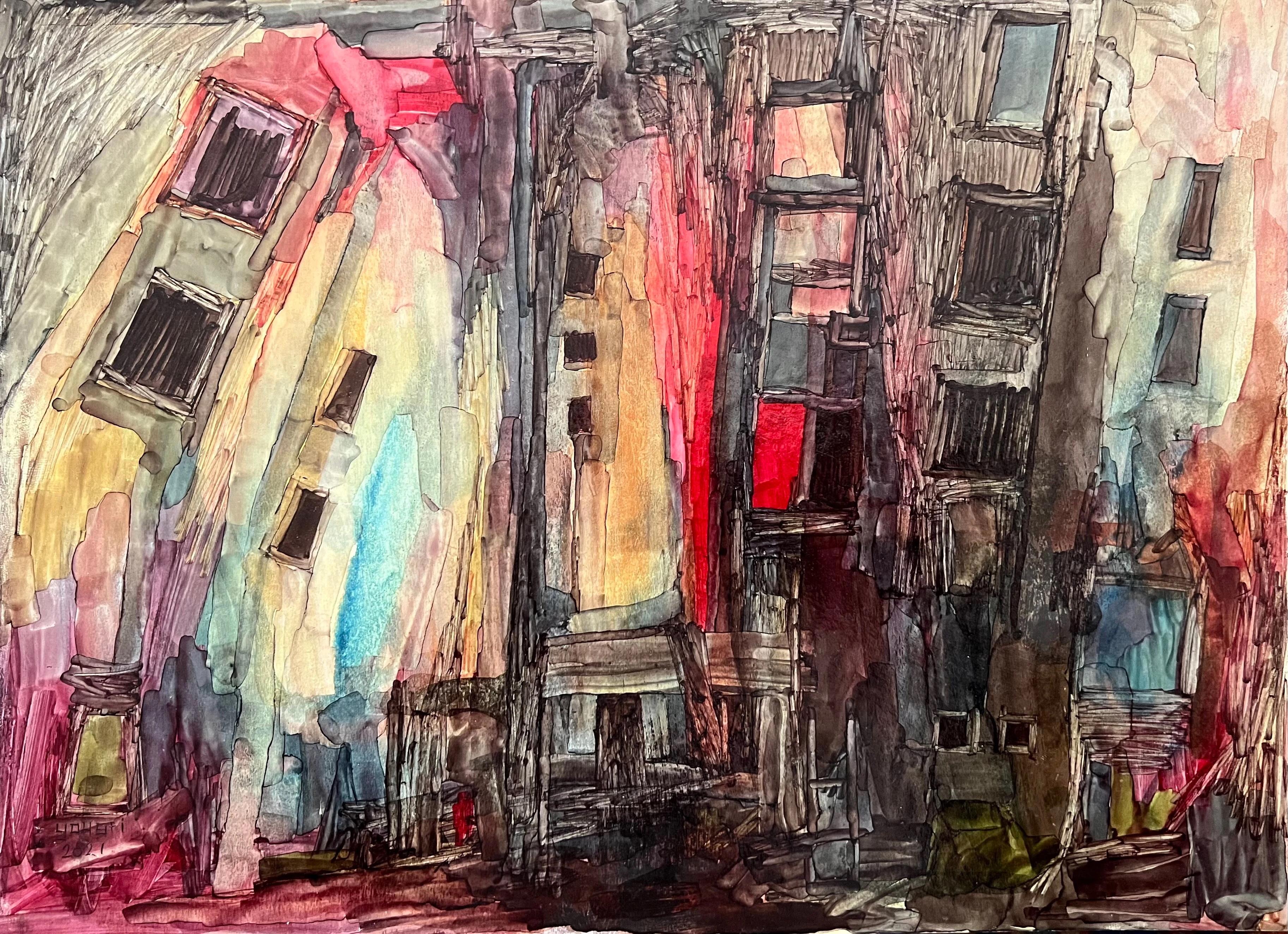 Pittura "Composizione astratta 6" di Ahmed Yousry, 10" x 14" pollici