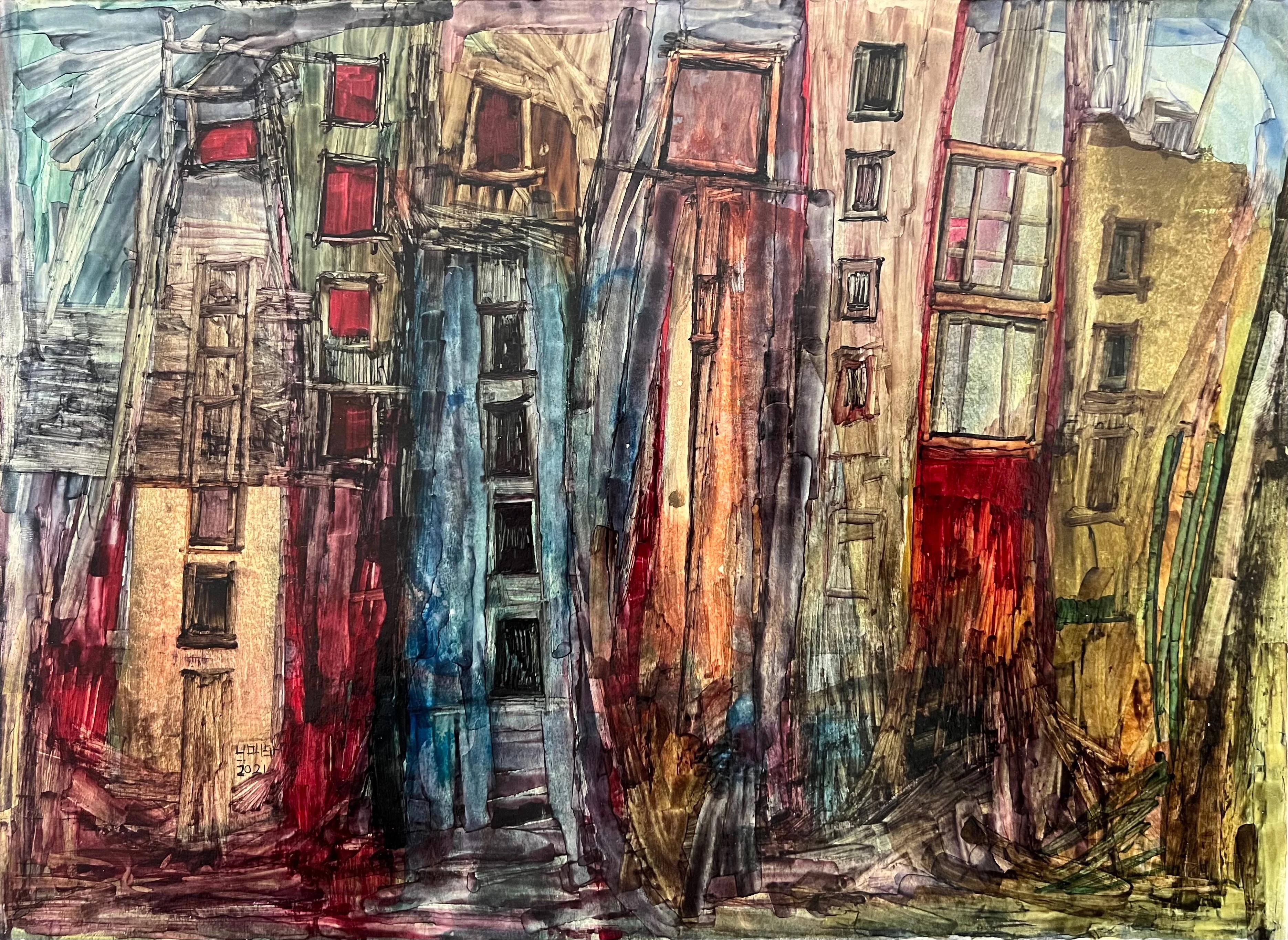 "Composición abstracta 7" Pintura 10" x 14" pulgadas por Ahmed Yousry