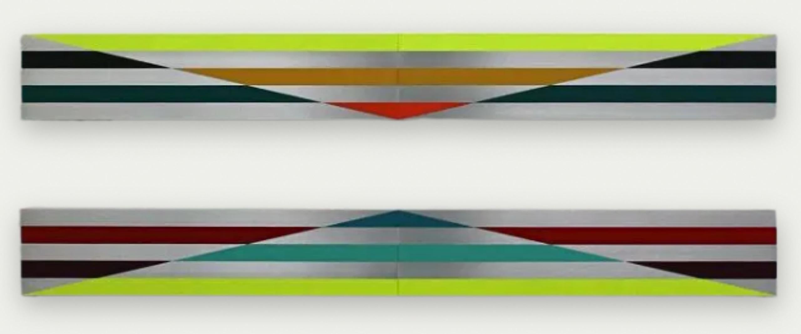 a310810, diptych by contemporary artist Ahn Hyun-Ju, part of the “Unfolded Lines” series. 
Mixed media on aluminum, 90 cm × 260 cm.
In this series of abstract paintings the artist works with vibrant colors in large solid areas of paint whilst