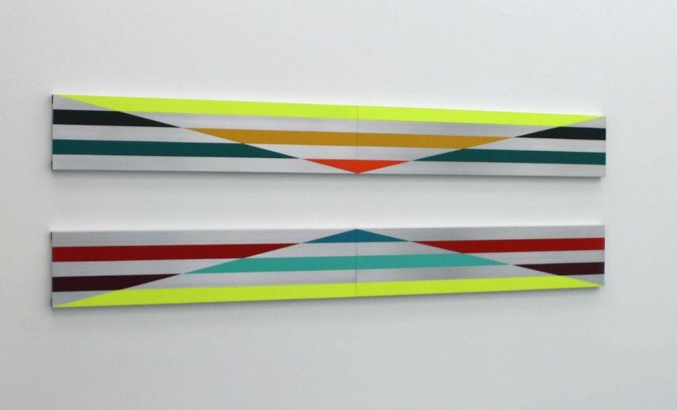 a310810, diptych by contemporary artist Ahn Hyun-Ju, part of the “Unfolded Lines” series. 
Mixed media on aluminum, 90 cm × 260 cm.
In this series of abstract paintings the artist works with vibrant colors in large solid areas of paint whilst