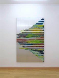 d0110-1 by Ahn Hyun-Ju - colorful abstract painting on metal, stripes, triangle