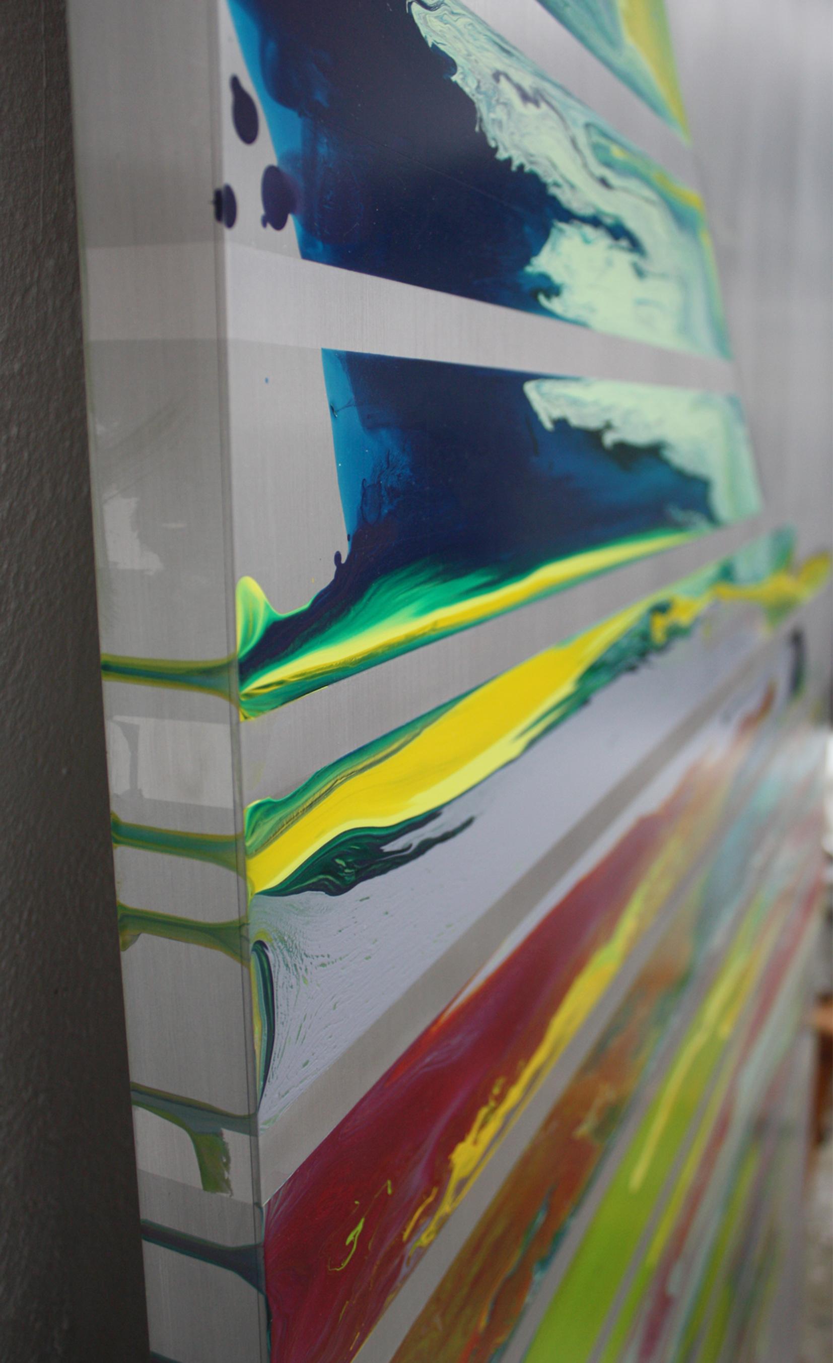 d0110-1 by Ahn Hyun-Ju - colorful abstract painting on metal, stripes, triangle en venta 4