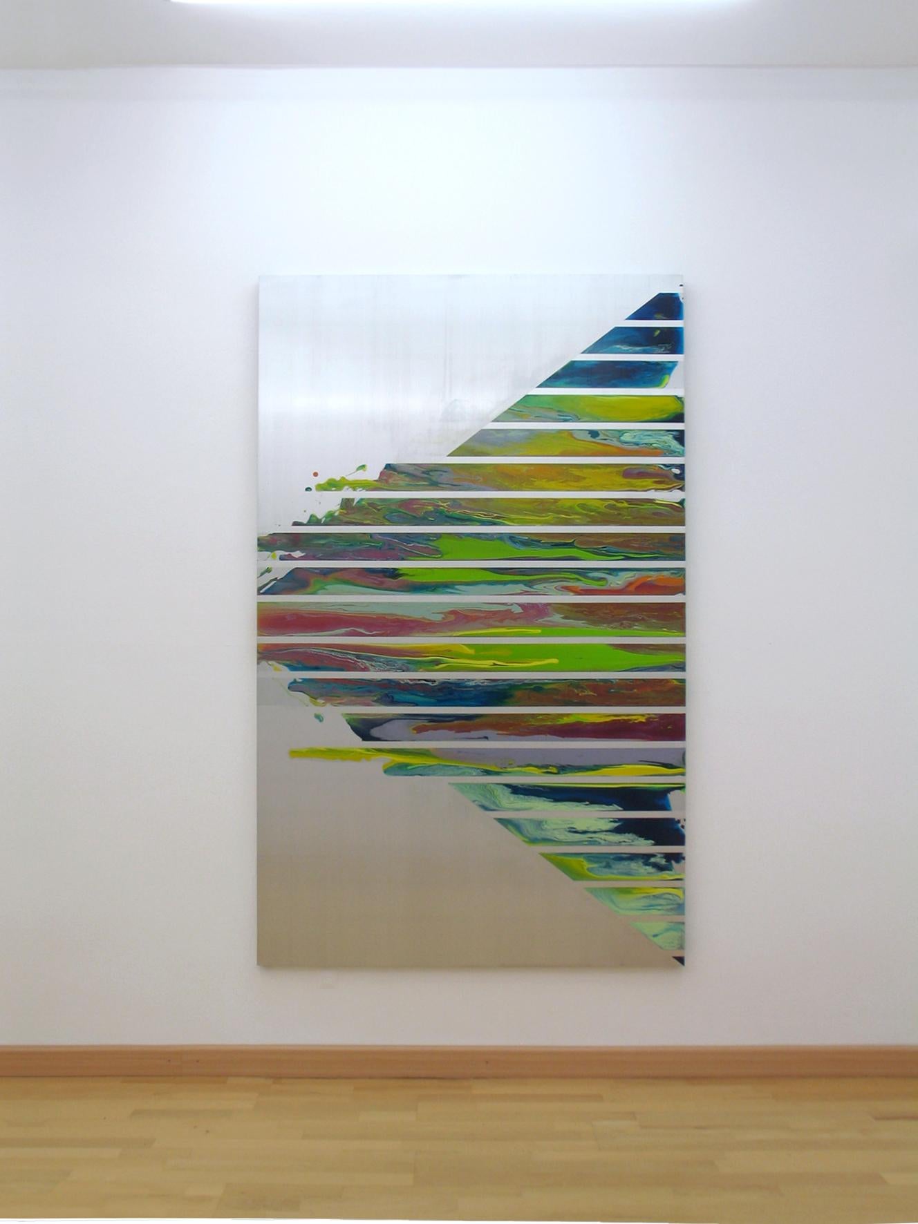 d0110-1 is a unique painting by contemporary artist Ahn Hyun-Ju. The painting is made with mixed media on aluminium, dimensions are 200 × 123 cm (78.7 × 48.4 in). 
The artwork is signed, sold unframed and comes with a certificate of