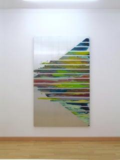 d0110-1 by Ahn Hyun-Ju - Mixed media on aluminium colourful painting, stripes