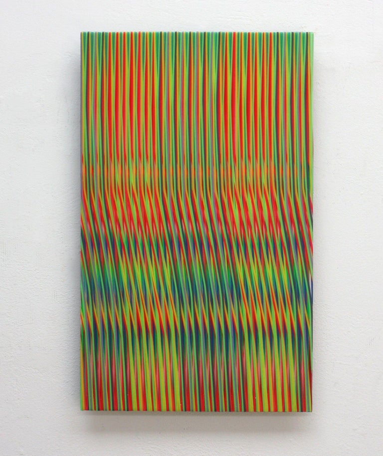 Line 1213-13 is an abstract painting by contemporary Korean artist Ahn Hyun-Ju.
Polyester, acrylic and epoxy on aluminum, 52 x 32 cm. Signed, sold unframed.
This painting challenges the observer’s vision: the vivid color vertical lines interweave