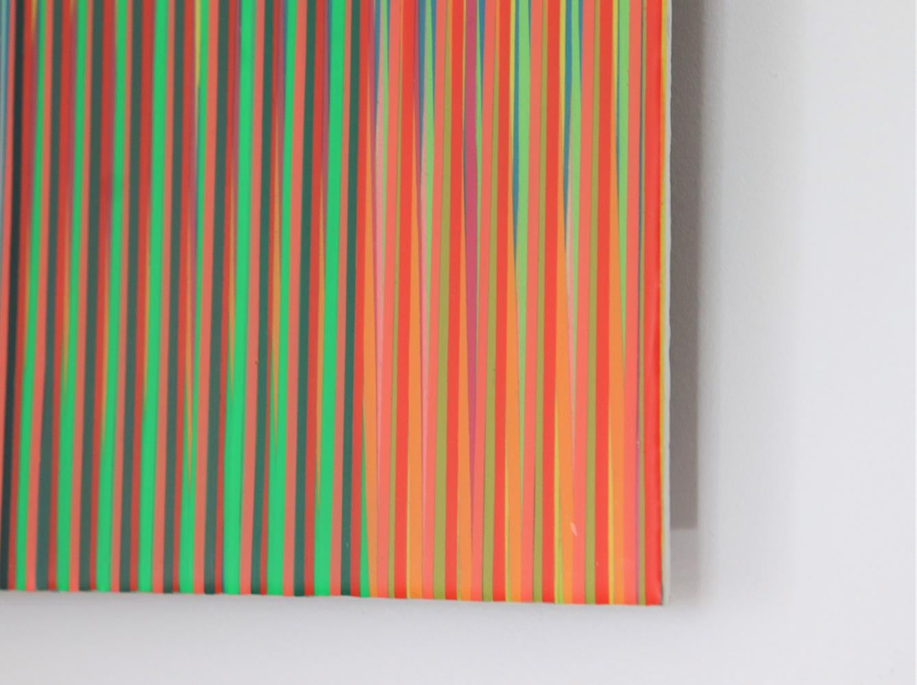 Line 1213-14 is an abstract painting by contemporary Korean artist Ahn Hyun-Ju.
Polyester, acrylic and epoxy on aluminum, 52 x 32 cm. Signed, sold unframed.
This painting challenges the observer’s vision: the vivid color vertical lines interweave