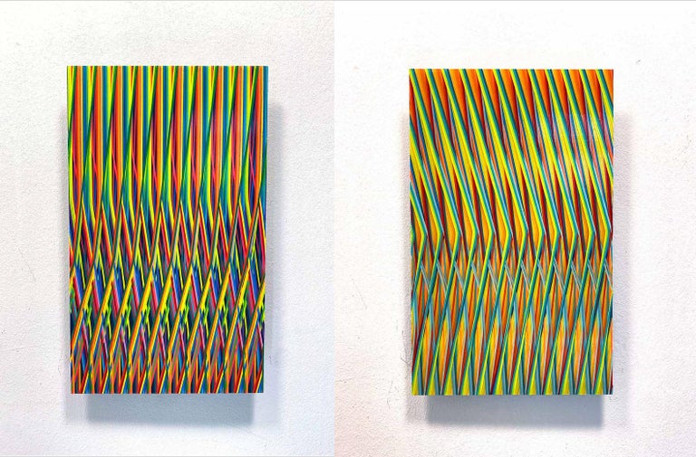 Line 1222-01 and Line 1222-02 are abstract paintings by contemporary Korean artist Ahn Hyun-Ju.
Polyester, acrylic and epoxy on aluminum, 50 x 30 cm. Signed, sold unframed.
This painting challenges the observer’s vision: the vivid color vertical