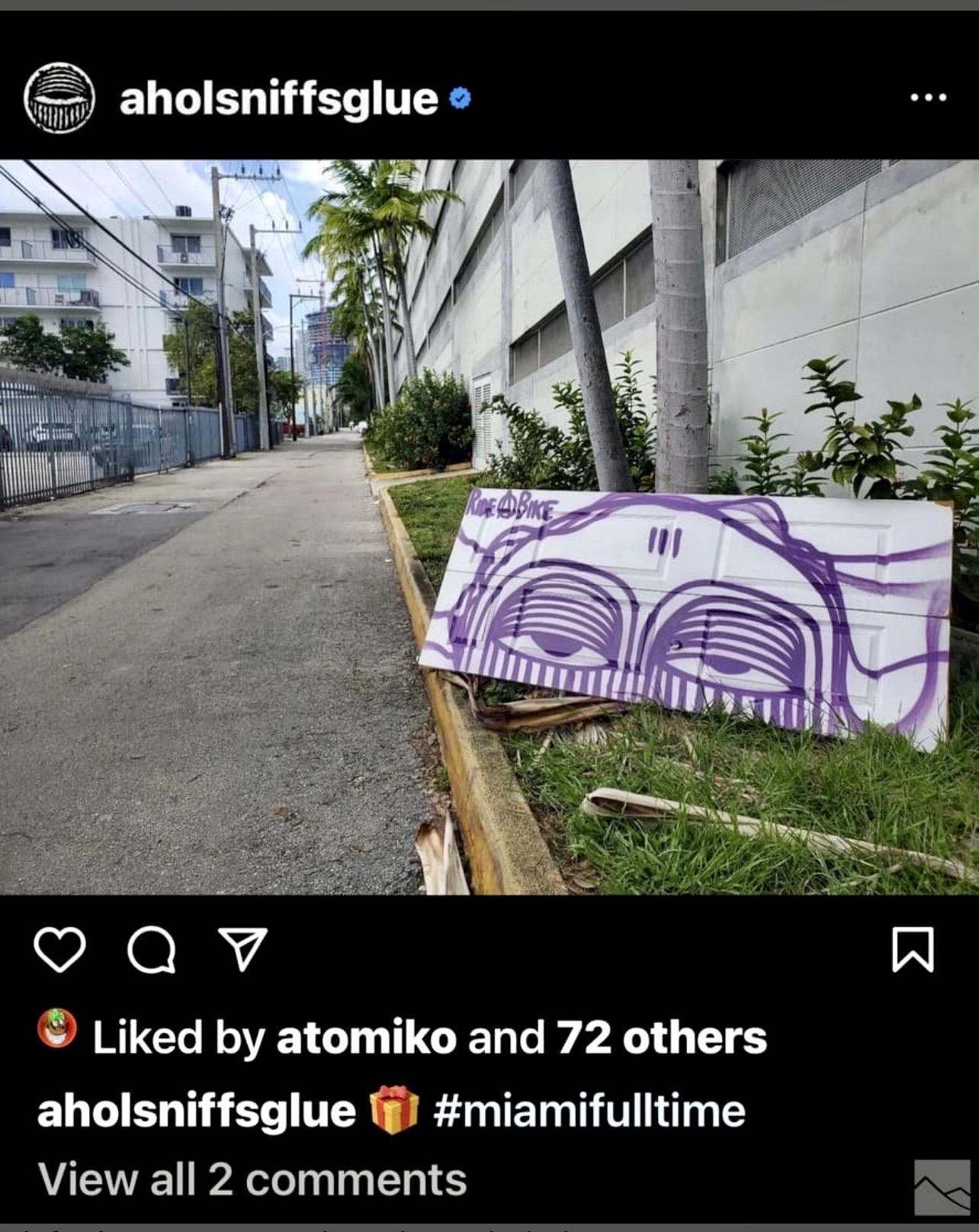 Ahol Sniffs Glue
David Anasagasti (Cuban American, born 1980). 
An original graffiti painting on found object, produced for the artist's 