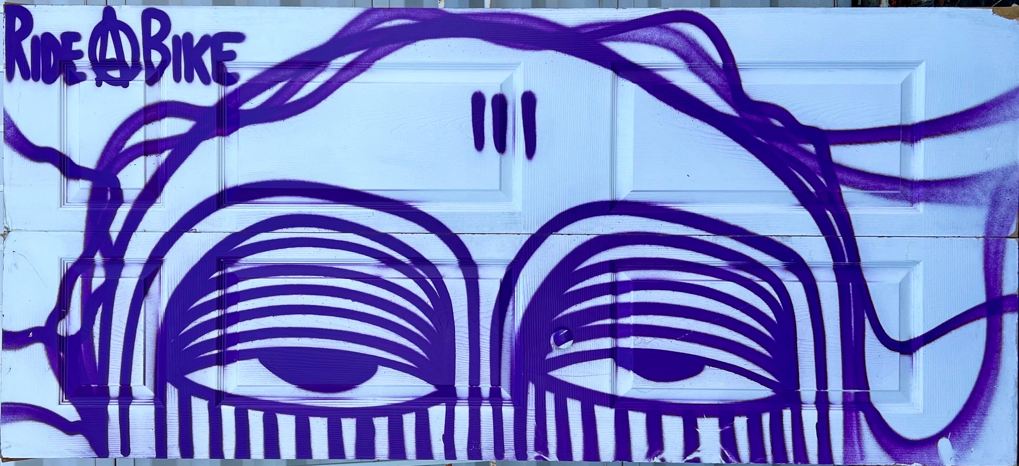 Ahol Sniffs Glue
David Anasagasti (Cuban American, born 1980). 
An original graffiti painting on found object, produced for the artist's "Geographies Of Trash" movement. The work features the artist's signature purple "sleepy eye" portrait. Signed