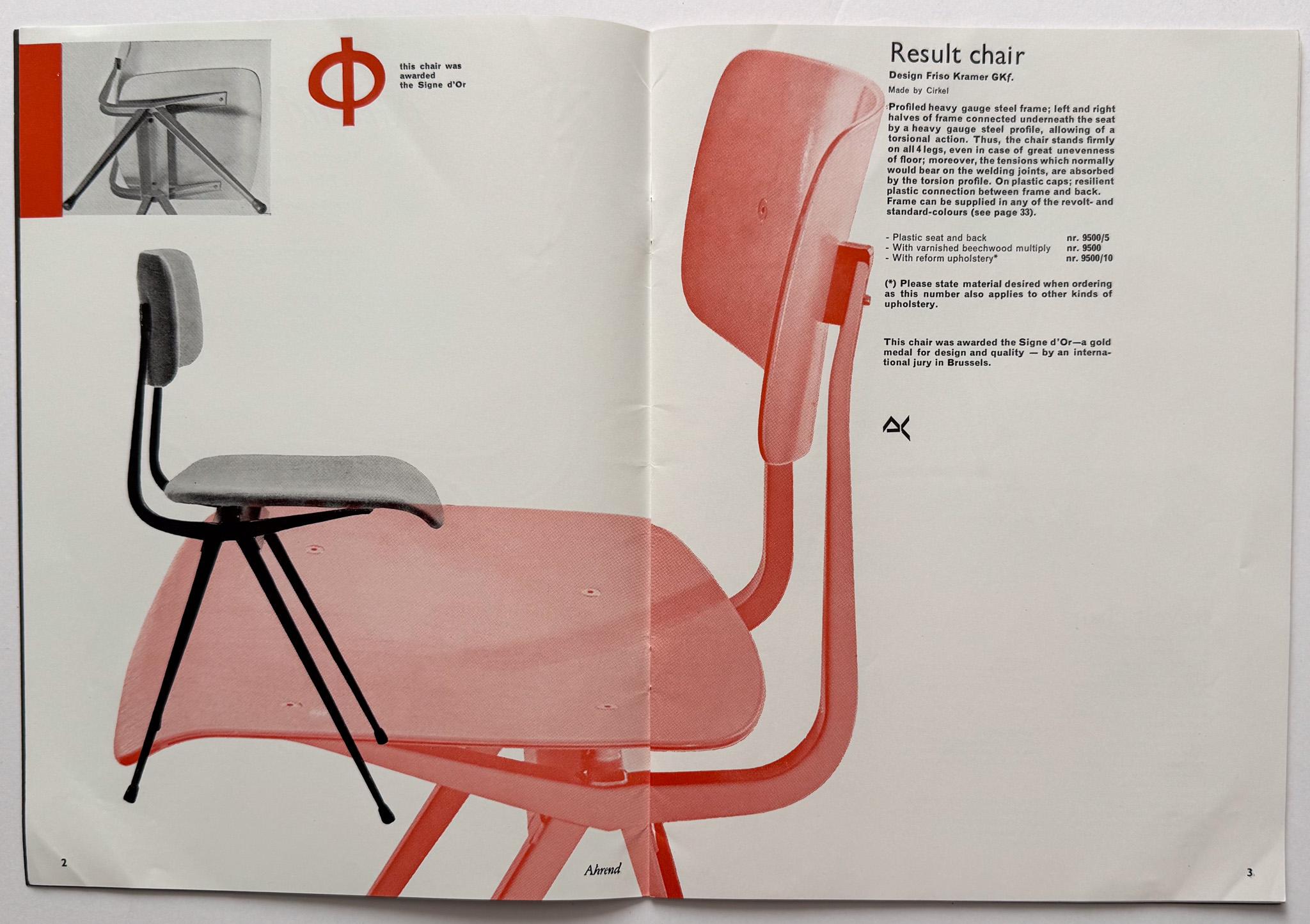 Aufwendig produzierter Katalog für die von der niederländischen Firma Ahrend angebotenen Möbelserien aus der Mitte des Jahrhunderts, in dem die industriell orientierten modernistischen Entwürfe von Friso Kramer und Wim Rietveld vorgestellt werden,