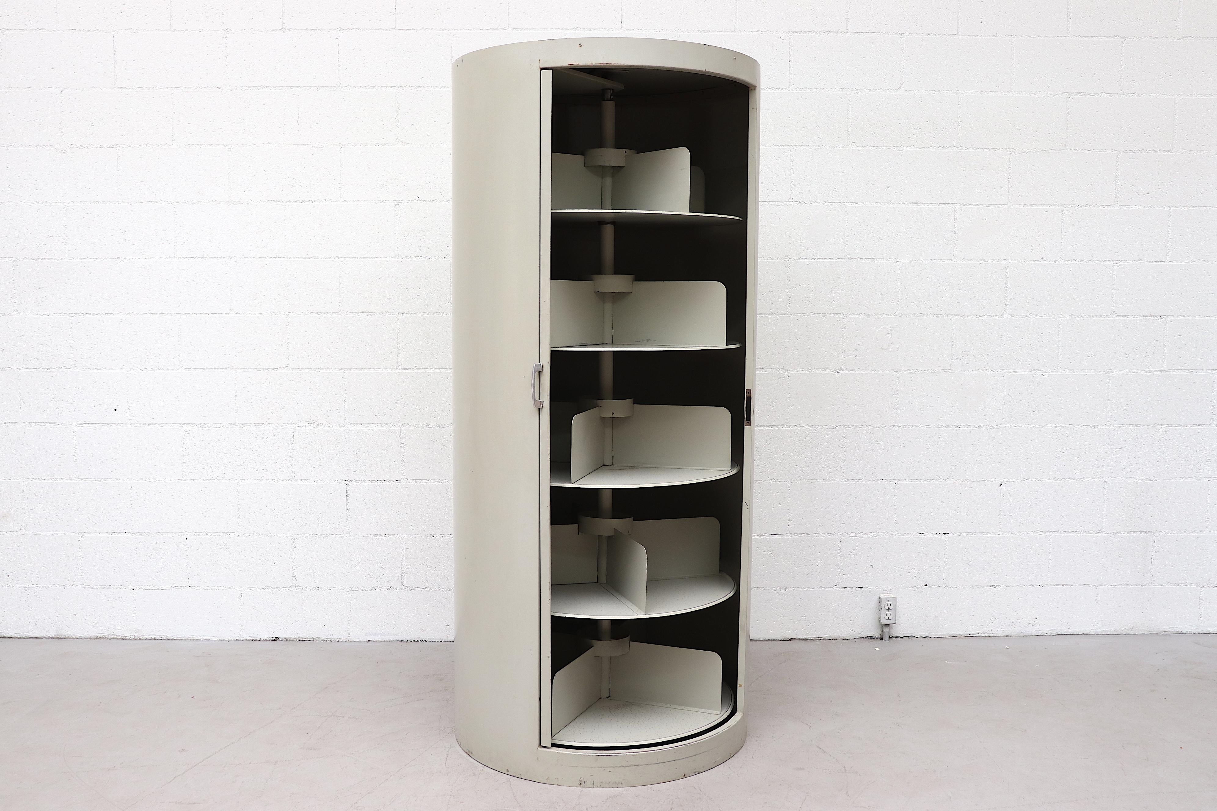 Mid-Century Modern Ahrend Industrial Grey Enameled Metal Round Bookshelf Cabinet