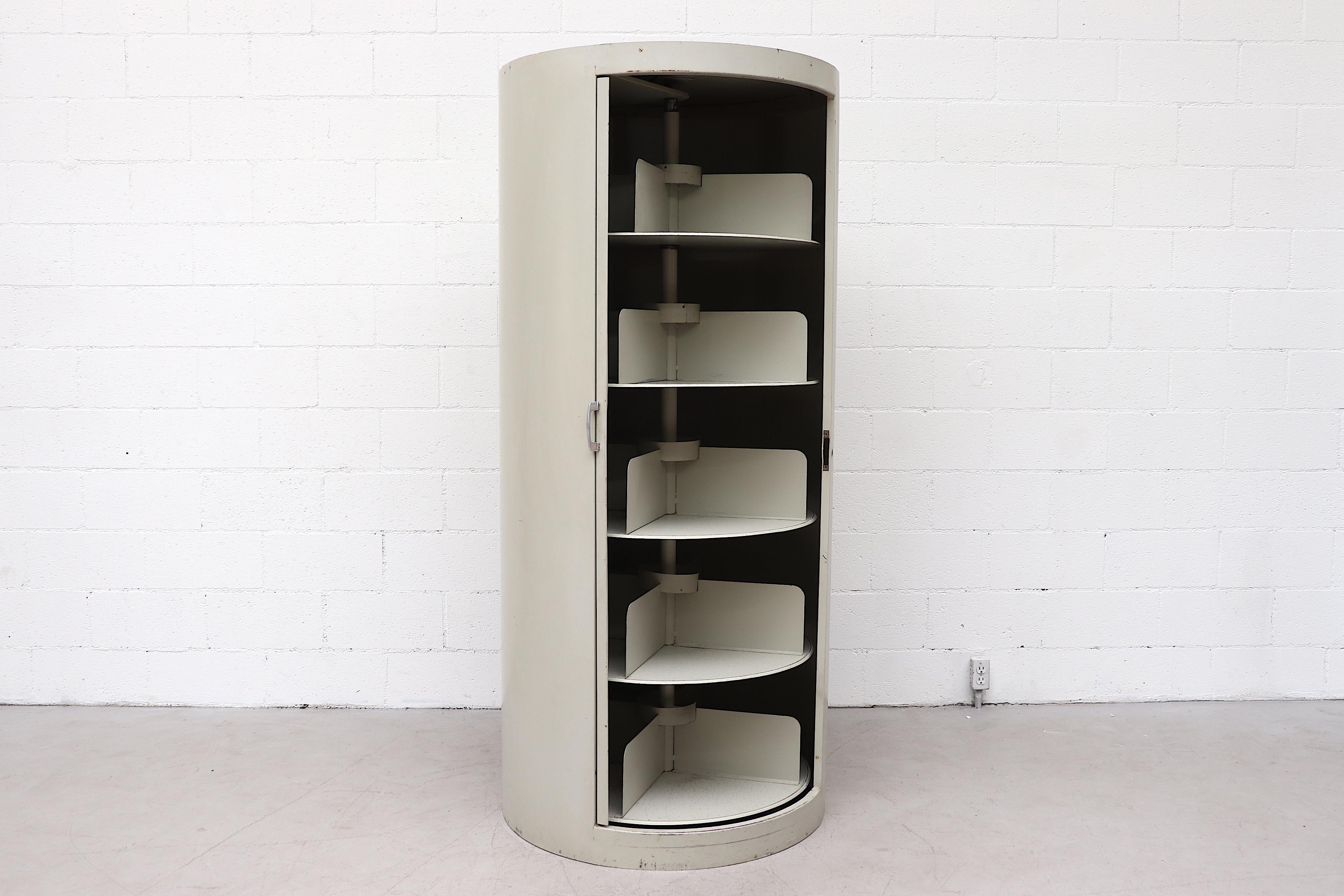 Dutch Ahrend Industrial Grey Enameled Metal Round Bookshelf Cabinet