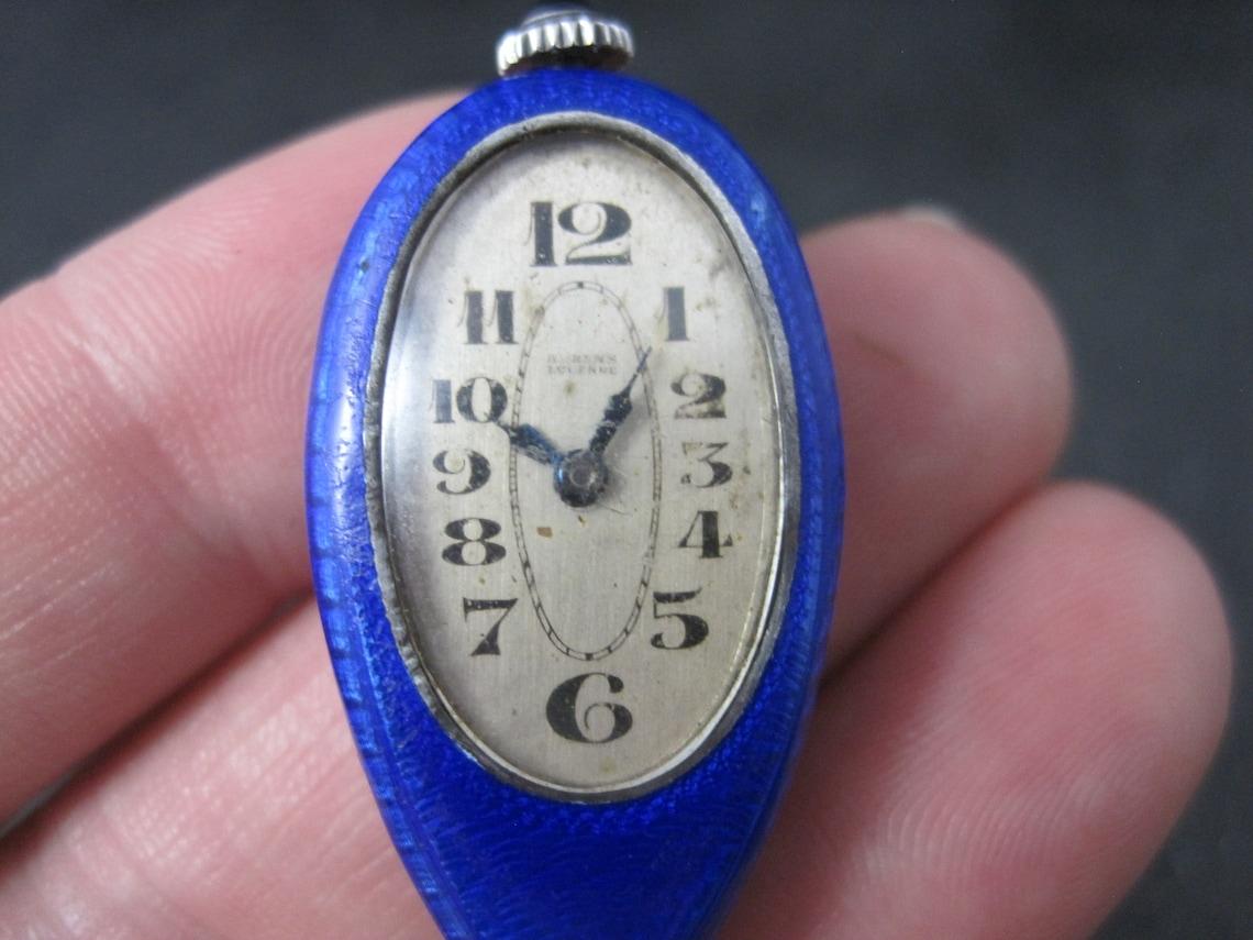 Ahrens Lucerne Art Deco Sterling Blue Enamel Watch Pendant For Sale 5