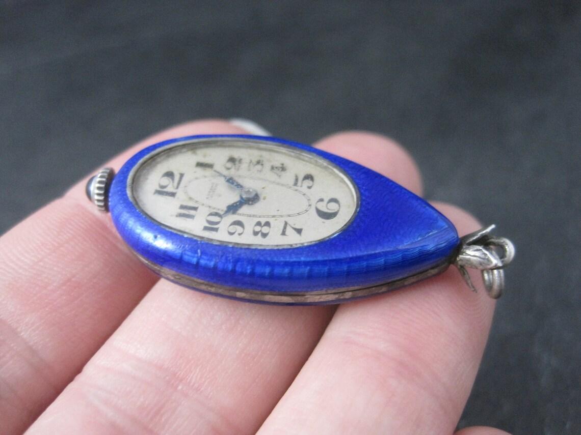 Ahrens Lucerne Art Deco Sterling Blue Enamel Watch Pendant For Sale 6