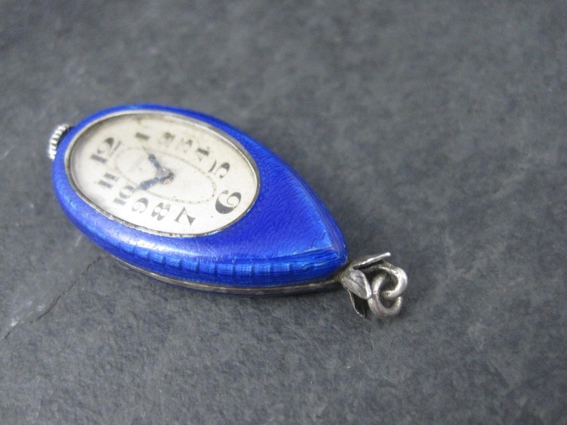 Ahrens Lucerne Art Deco Sterling Blue Enamel Watch Pendant In Good Condition For Sale In Webster, SD
