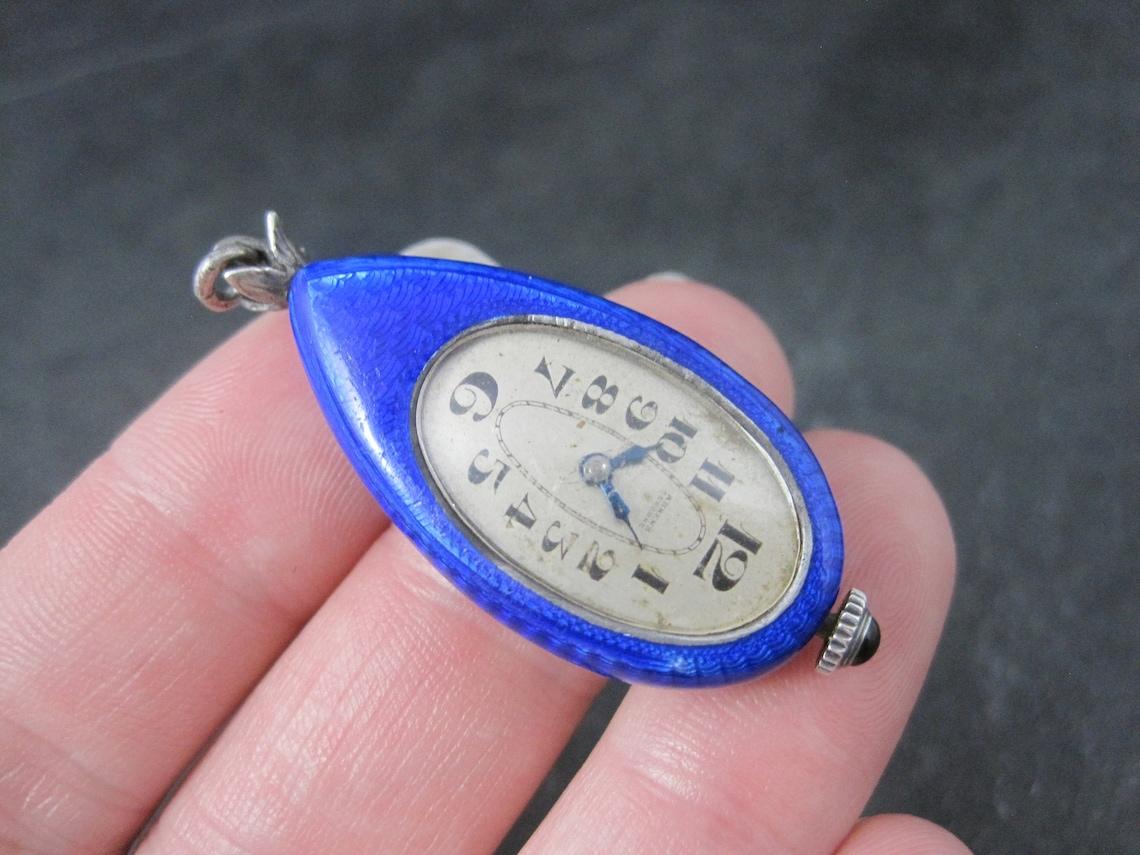 Ahrens Lucerne Art Deco Sterling Blue Enamel Watch Pendant For Sale 2