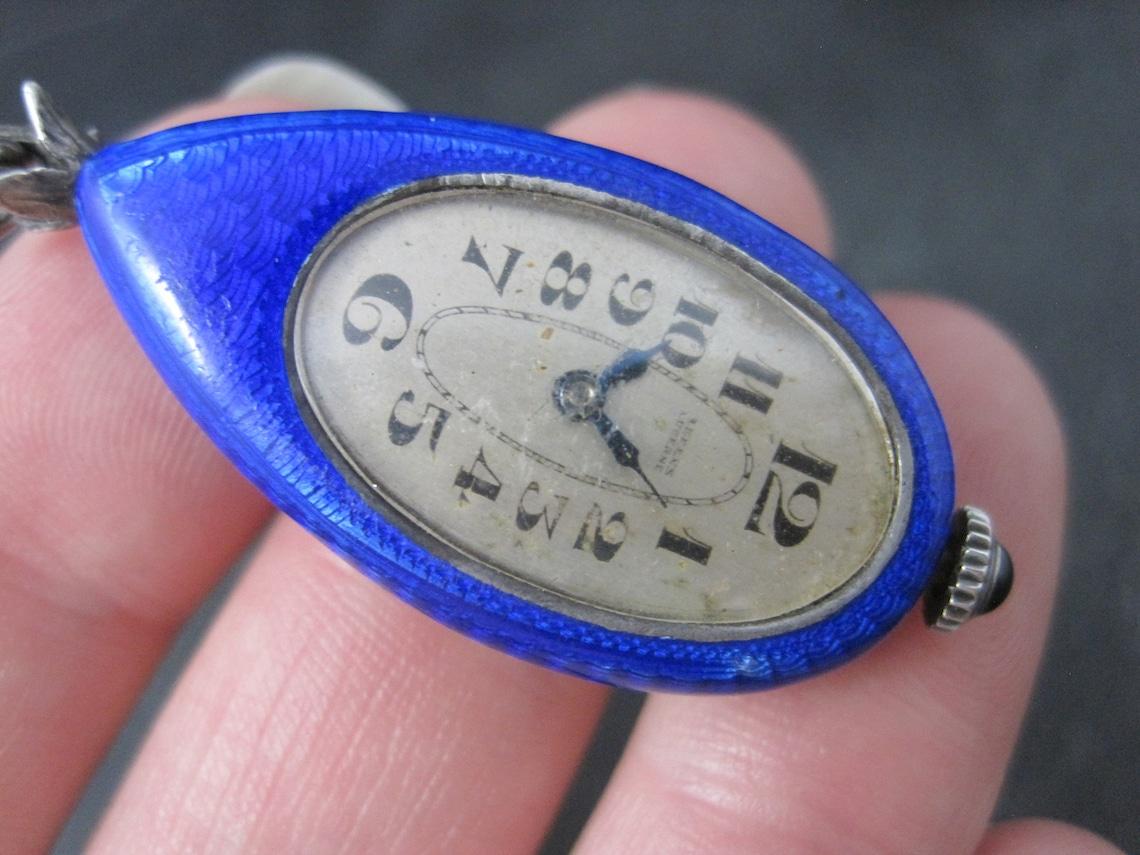 Ahrens Lucerne Art Deco Sterling Blue Enamel Watch Pendant For Sale 3