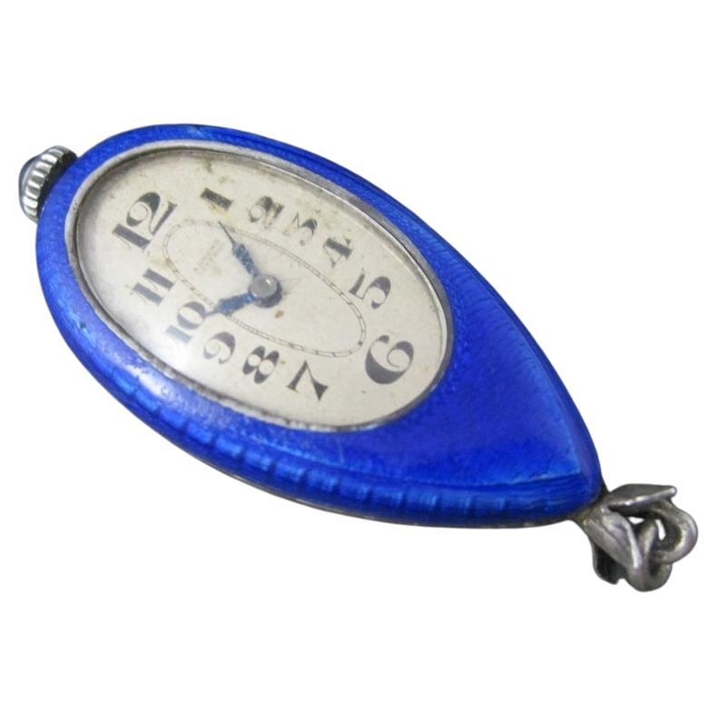 Ahrens Lucerne Art Deco Sterling Blue Enamel Watch Pendant For Sale