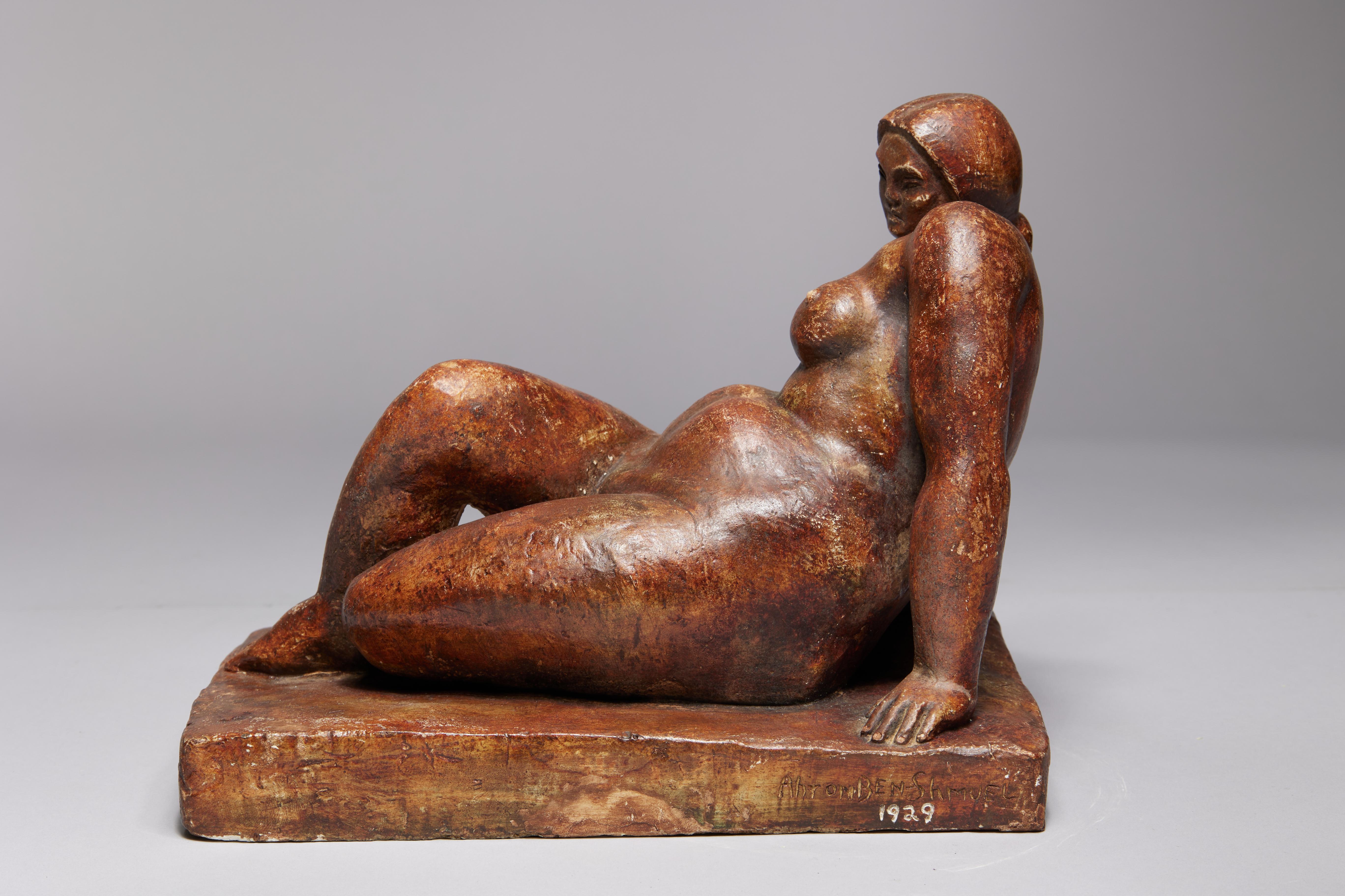 Rubenesque Reclining Nude Woman, Early 20th Century Sculpture, New York Artist - Gray Figurative Sculpture by Ahron Ben-Shmuel