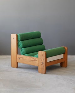 Ahti Taskinen, Lounge Chair, Solid Pine, Green Fabric, Finland, 1970s
