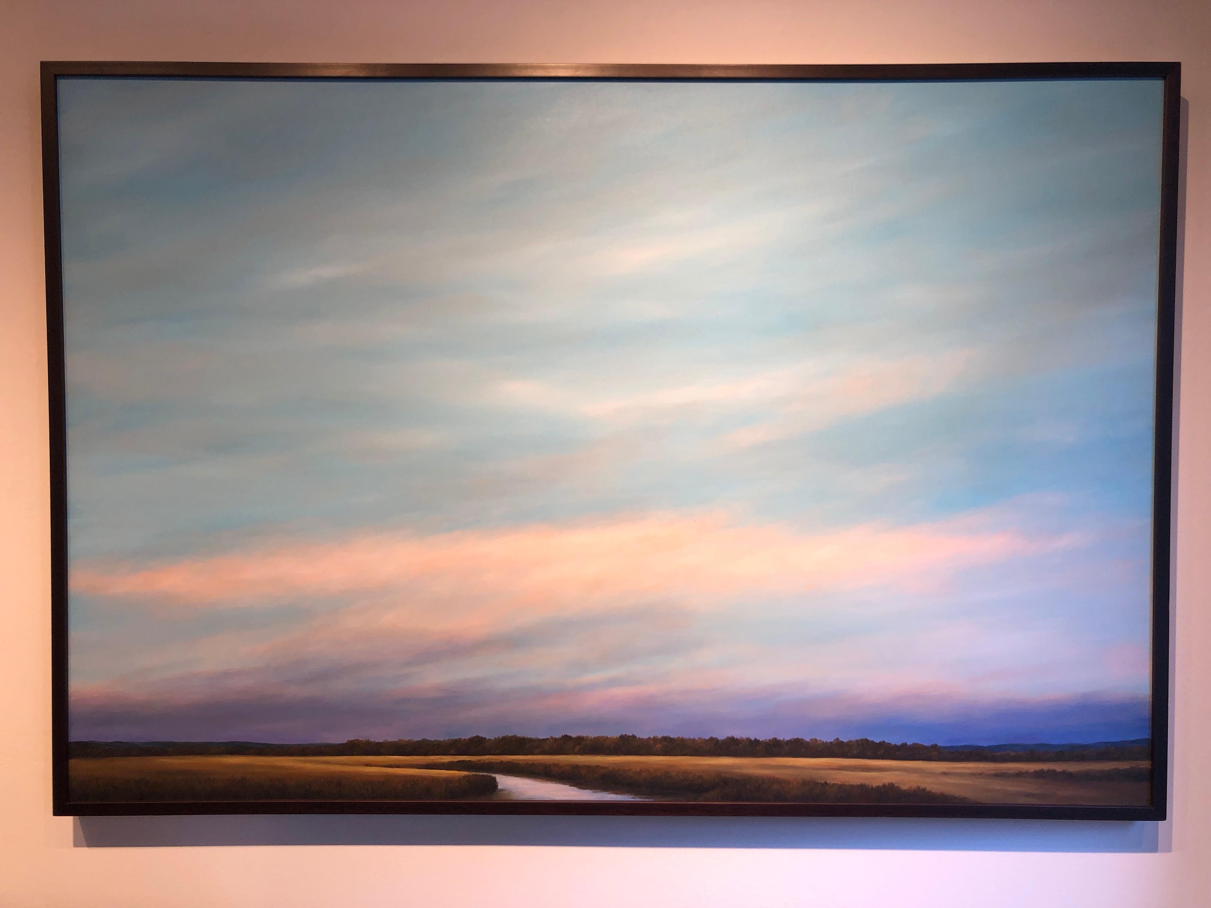This medium to large sized minimalist painting depicts subtle shift of color from moody tones of blue to pink hued clouds and a vibrant purple horizon.  These tones reflect in a meandering creek bisecting the landscape in the foreground.

Ahzad